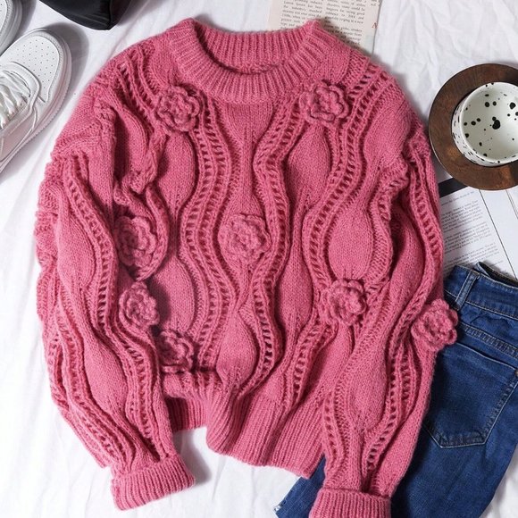 . Sweaters - Pink Casual Womens Solid Appliques Drop Shoulder Sweater